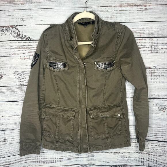 Miss Me Buckle Army Green Bomber Jacket Beaded & Sequin Med - Picture 1 of 3